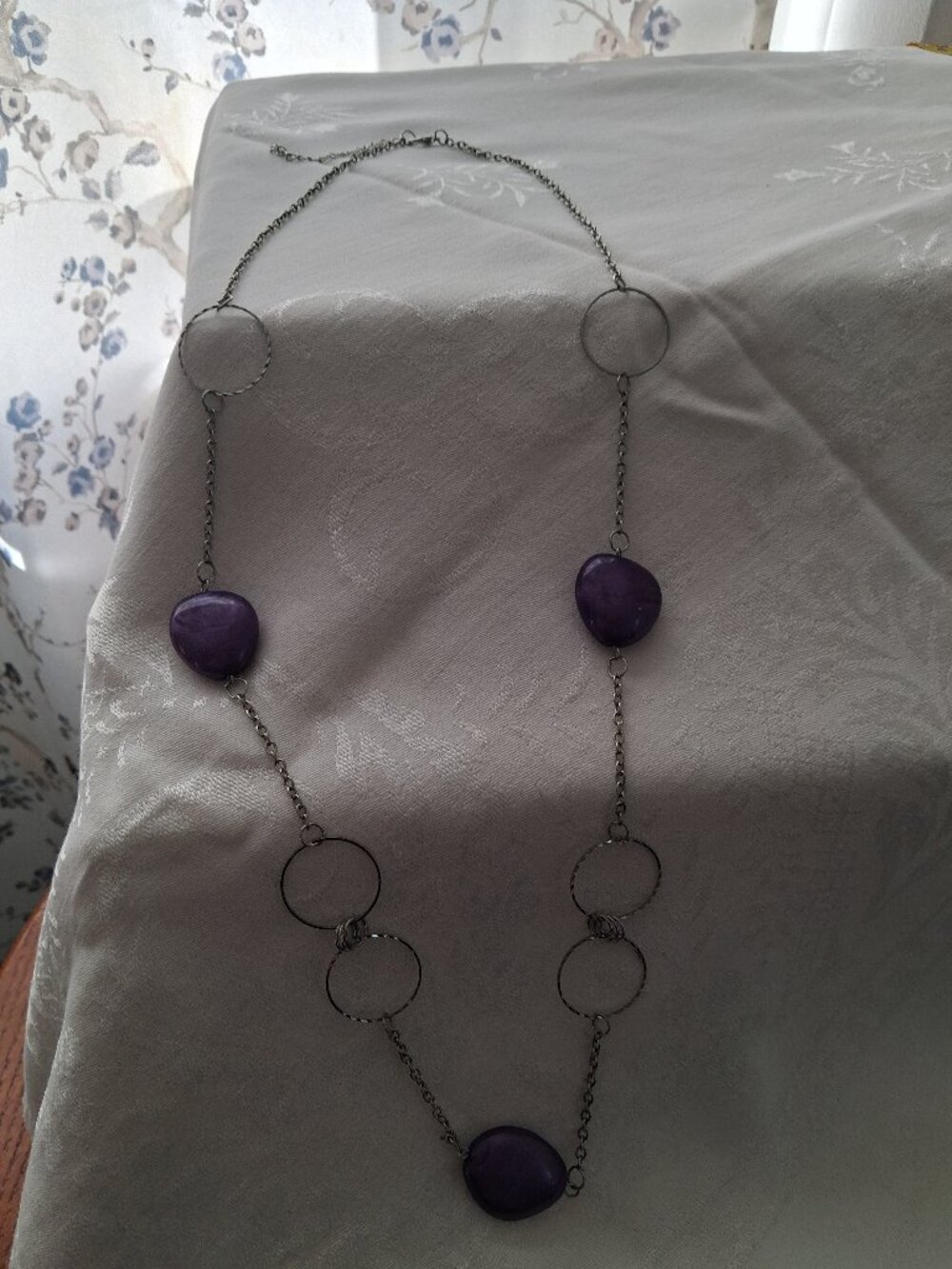 Long Purple Bead & Silver Tone Circle Necklace Boho Geometric